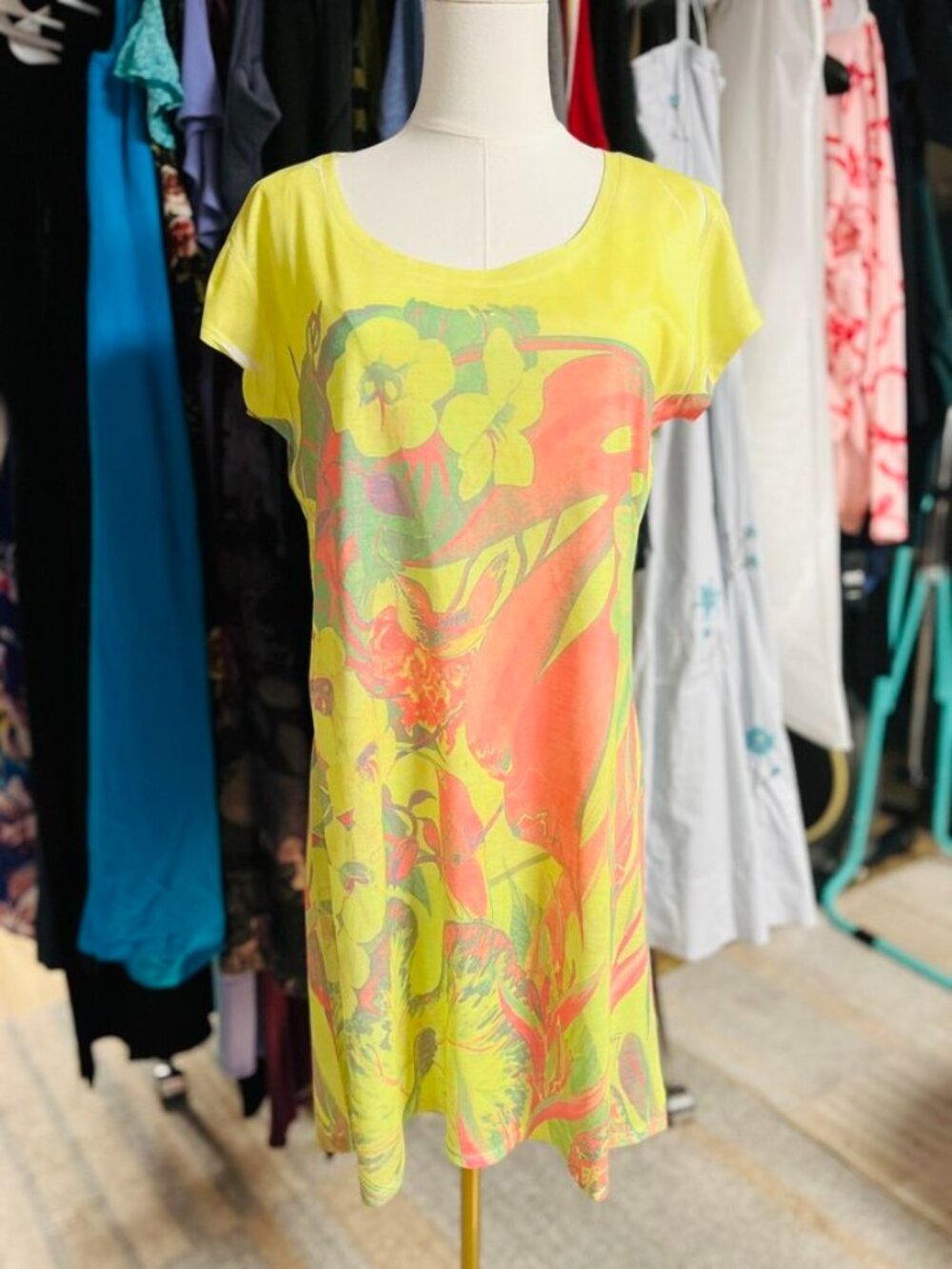 Guy Harvey Tropical Fish Print Dress Yellow Green Short Sleeve Medium - Picture 2 of 11